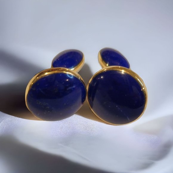 18K GOLD BLUESTONE LAPIS LAZULI DESIGNS ROUND BEZEL CUFFLINKS - Picture 4 of 7